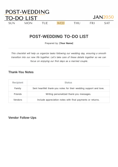 Free Post-Wedding To Do List Template to Edit Online