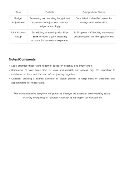 Free Post-Wedding To Do List Template to Edit Online