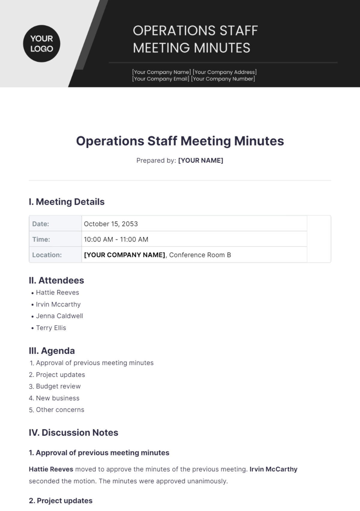 Free Operations Staff Meeting Minutes Template to Edit Online