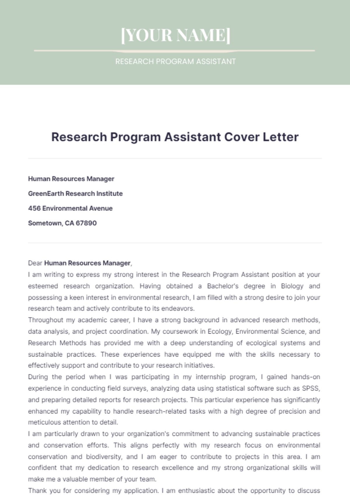 Research Program Assistant Cover Letter