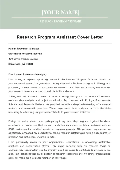 Free Research Program Assistant Cover Letter to Edit Online