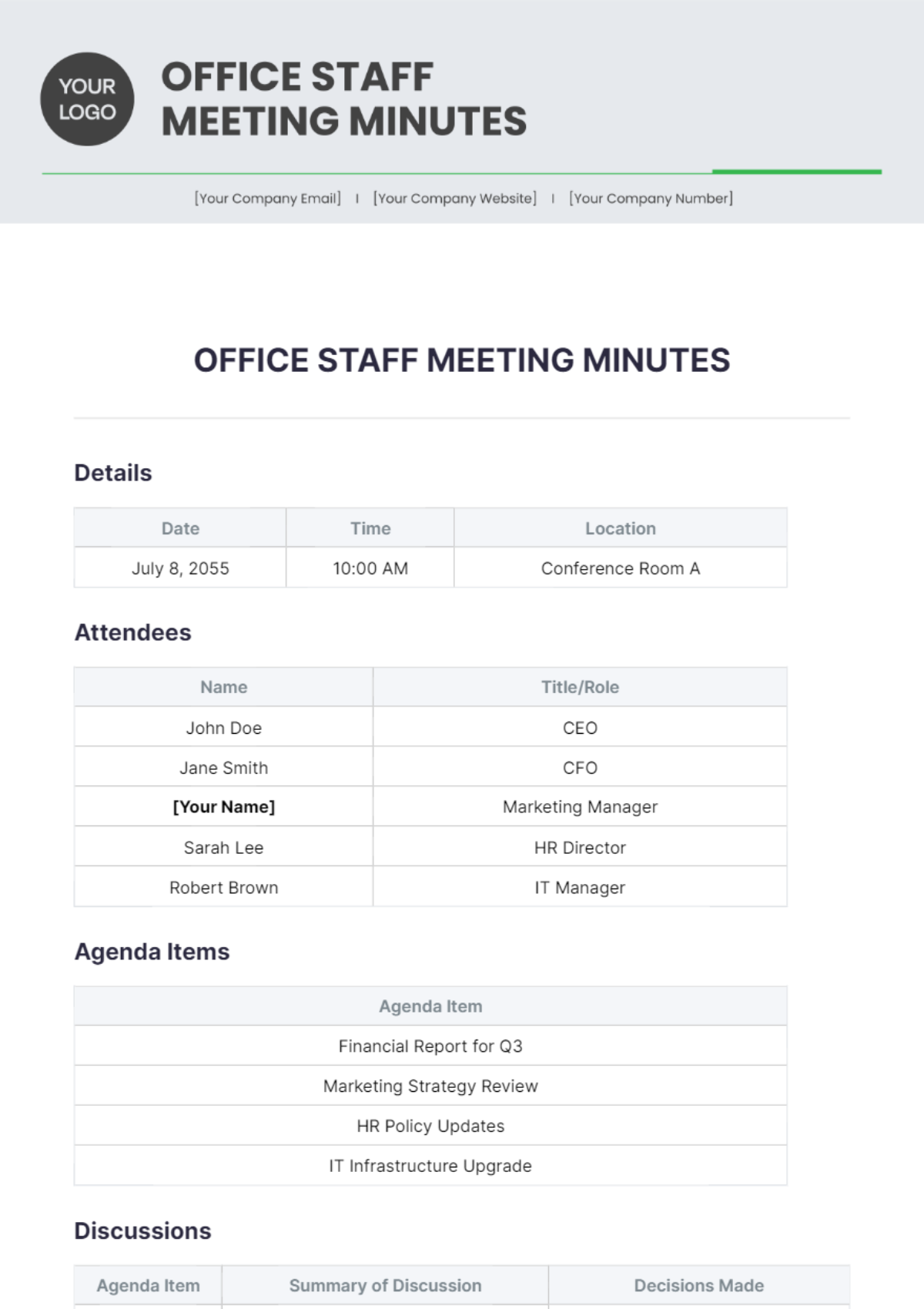 Free Office Staff Meeting Minutes Template - Edit Online & Download ...