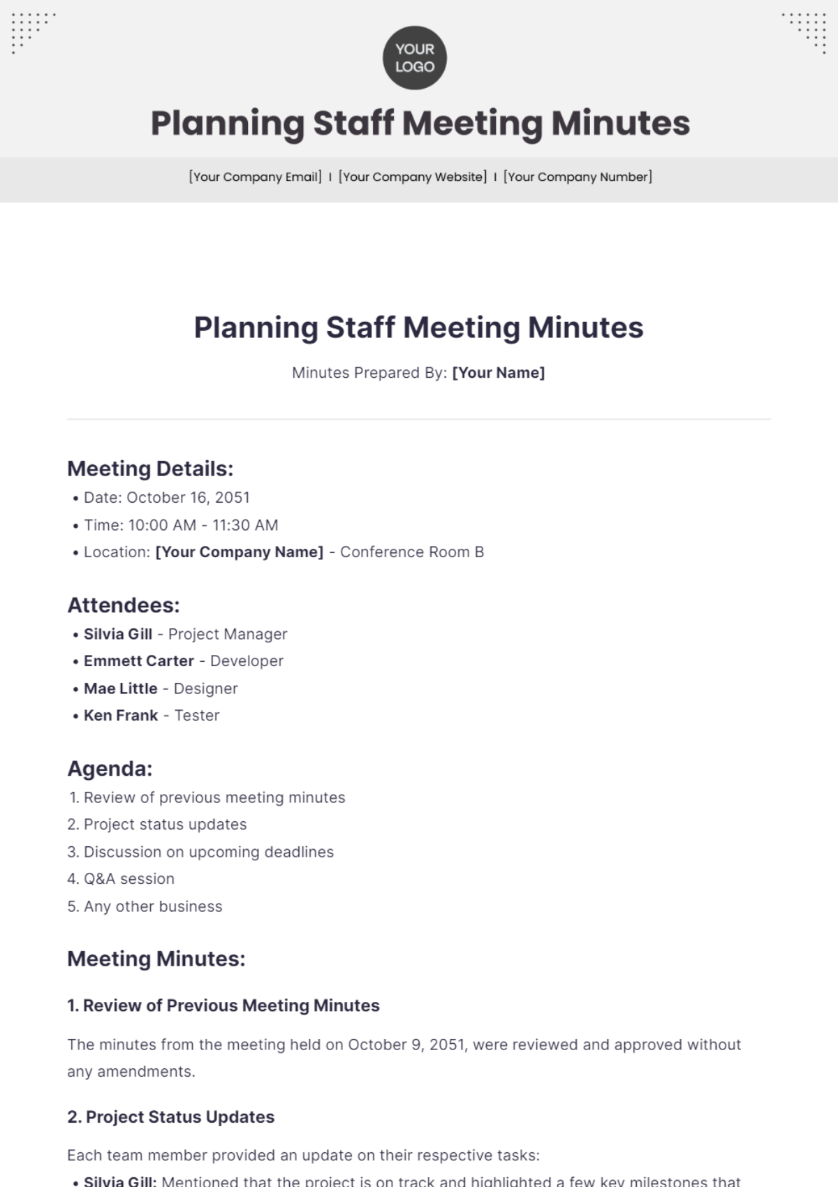 Planning Staff Meeting Minutes Template - Edit Online & Download