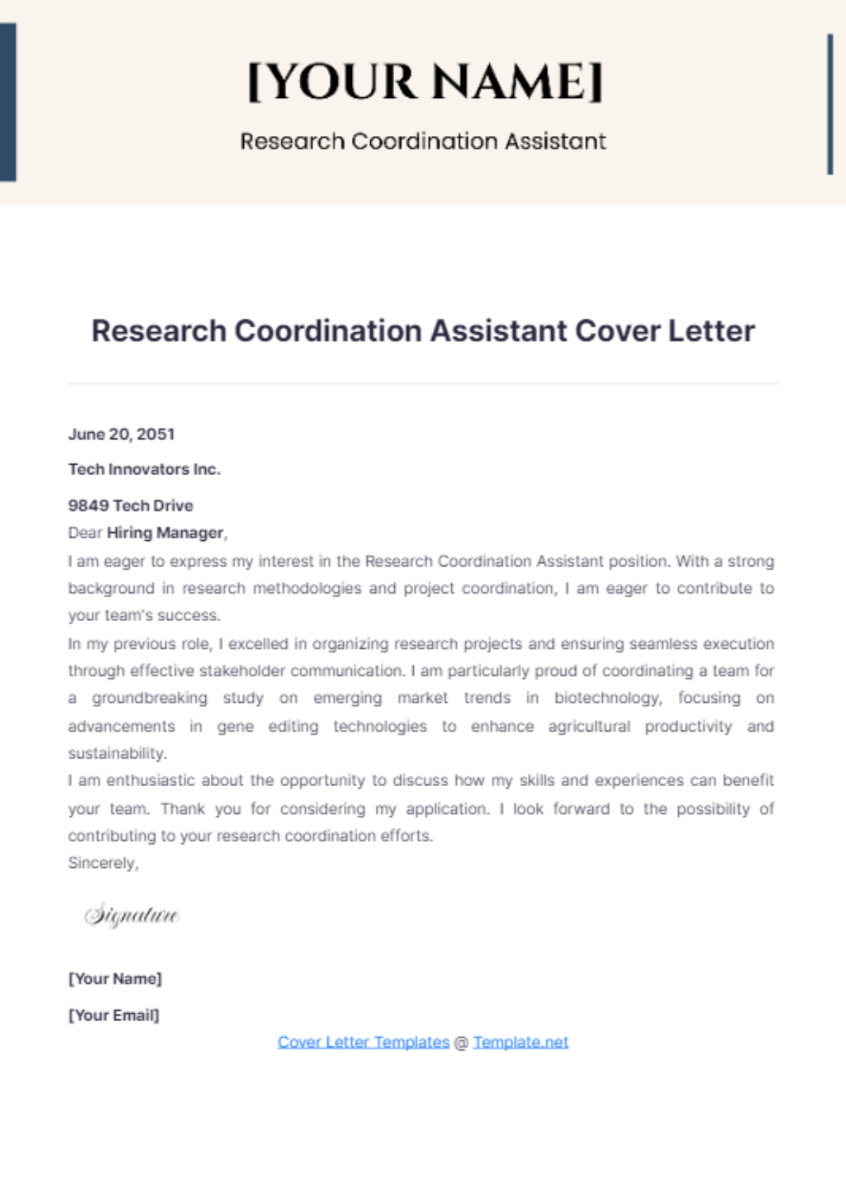 Research Coordination Assistant Cover Letter - Edit Online & Download