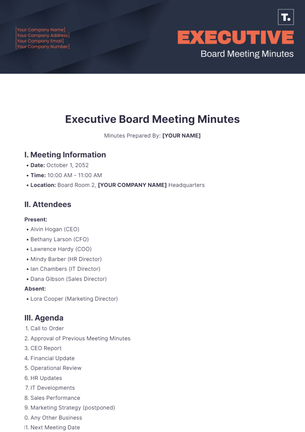 Executive Board Meeting Minutes Template - Edit Online & Download