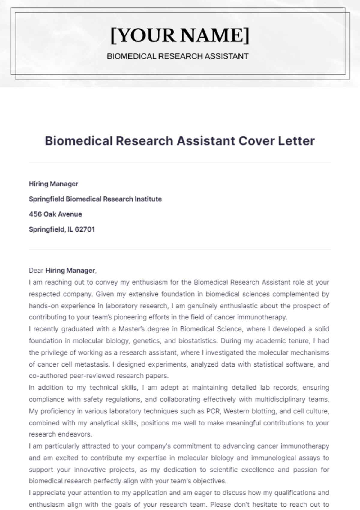 Biomedical Research Assistant Cover Letter