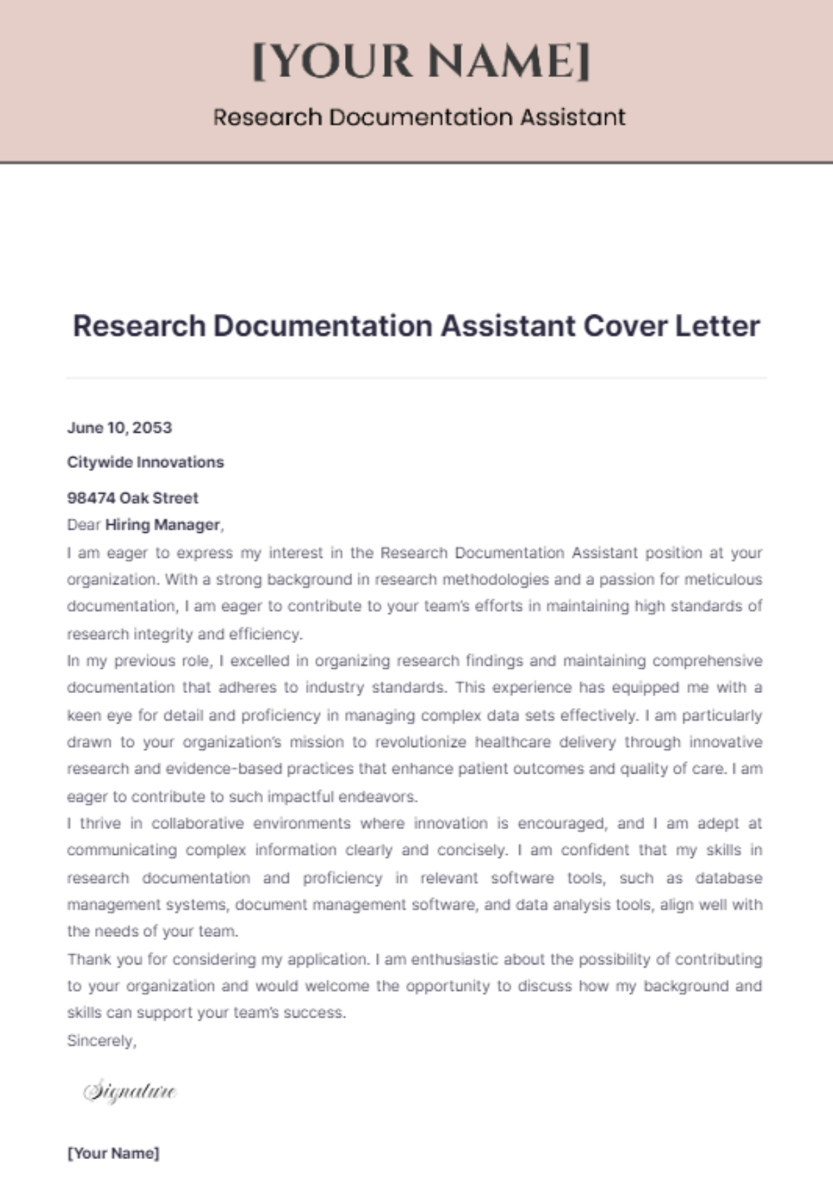 Research Documentation Assistant Cover Letter - Edit Online & Download