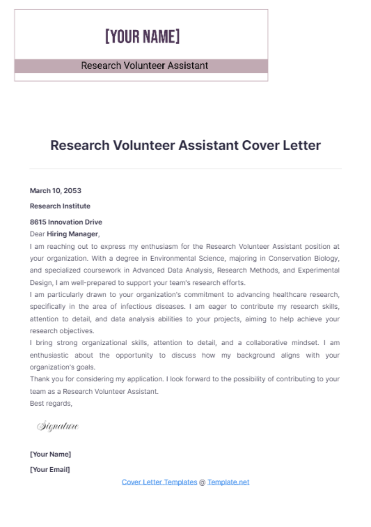 Research Volunteer Assistant Cover Letter - Edit Online & Download