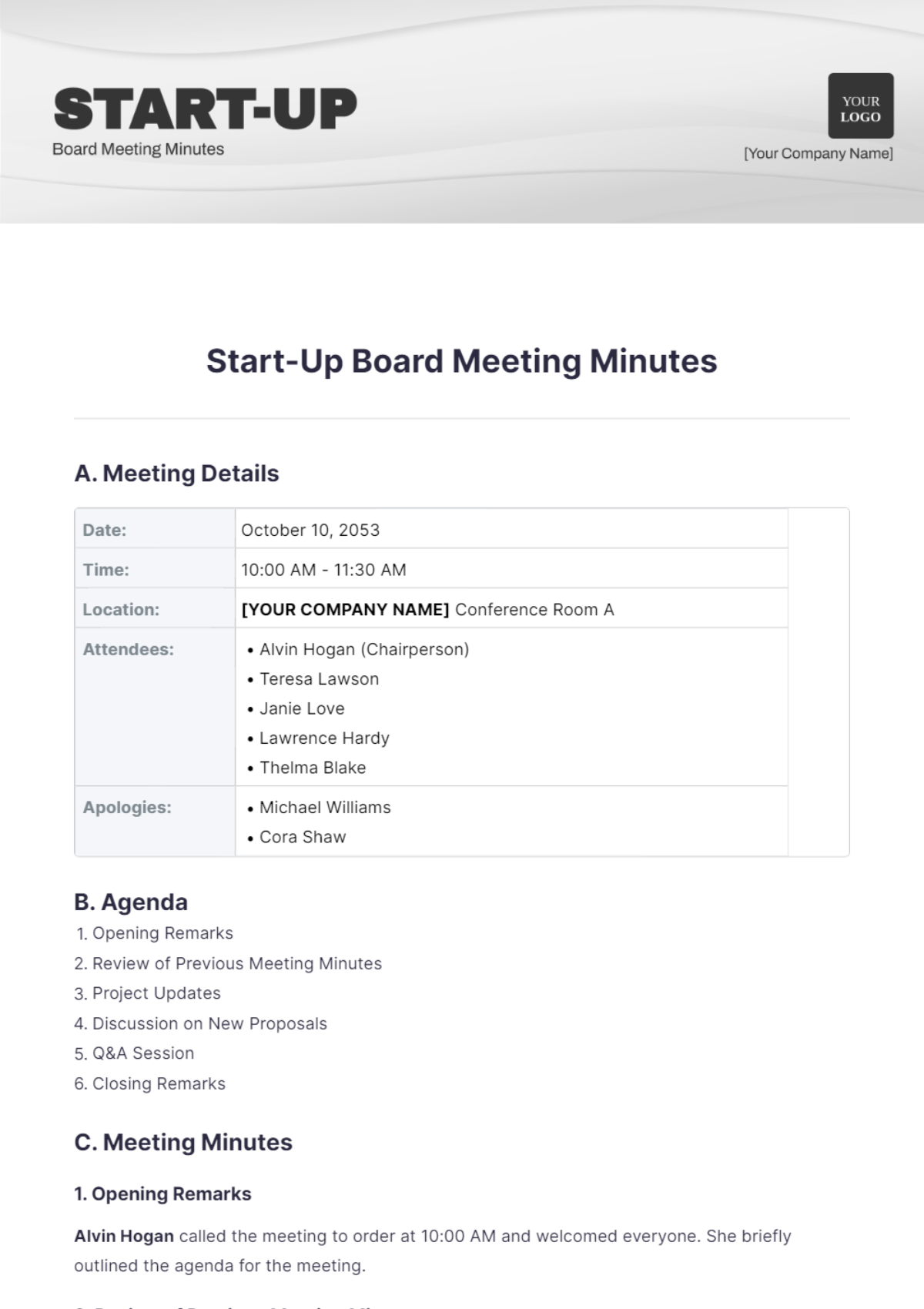 Start-Up Board Meeting Minutes Template - Edit Online & Download