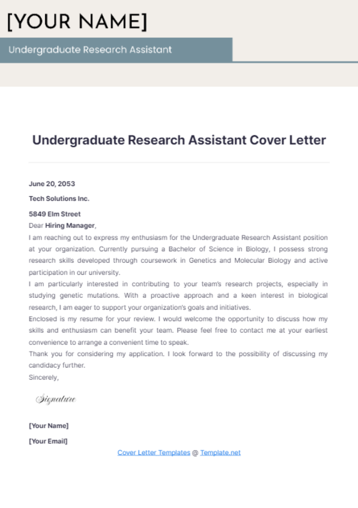 cover letter undergraduate research