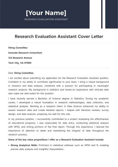 Free Research Evaluation Assistant Cover Letter to Edit Online