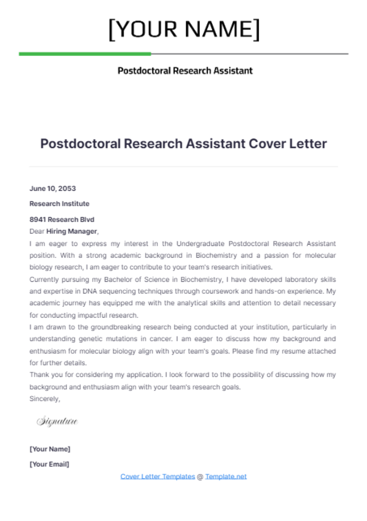 Postdoctoral Research Assistant Cover Letter - Edit Online & Download