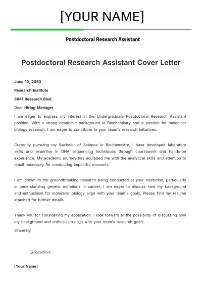 Free Postdoctoral Research Assistant Cover Letter to Edit Online