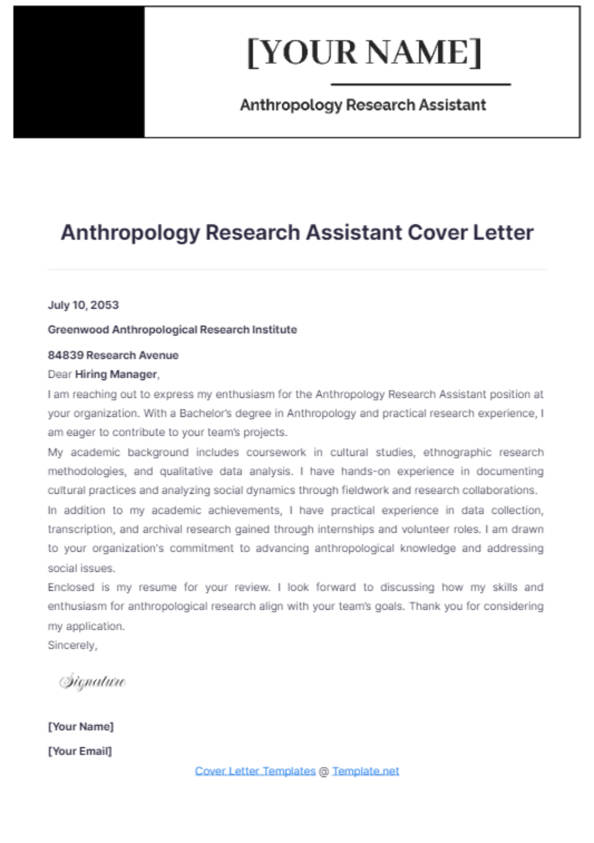 Anthropology Research Assistant Cover Letter - Edit Online & Download