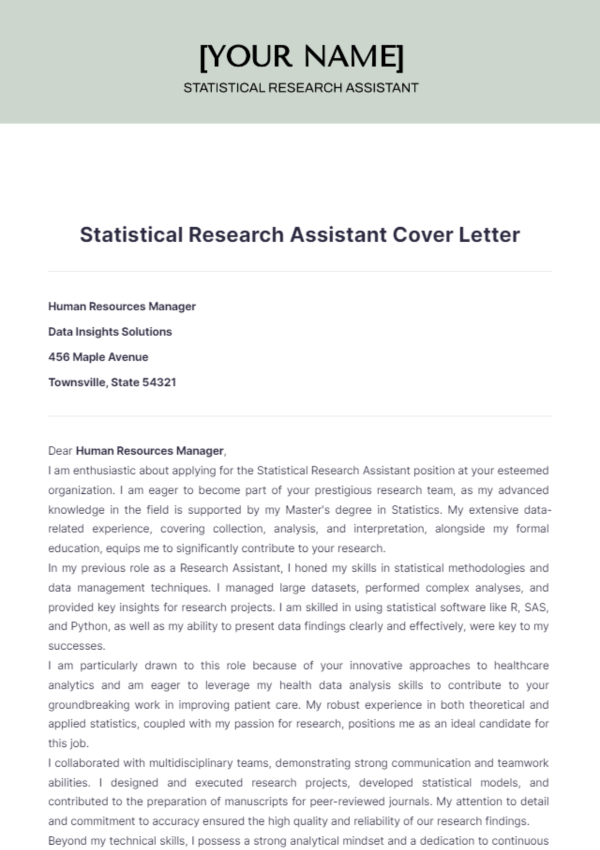 Statistical Research Assistant Cover Letter - Edit Online & Download