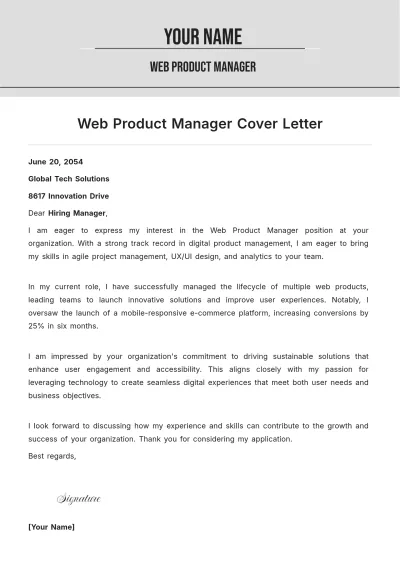 Free Web Product Manager Cover Letter to Edit Online