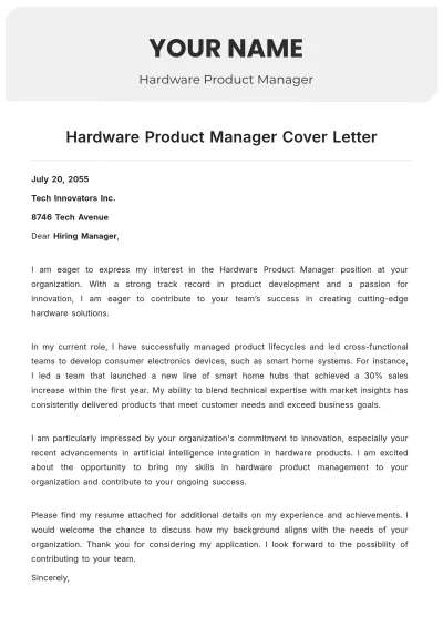Free Hardware Product Manager Cover Letter to Edit Online