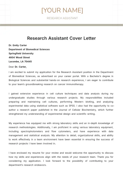 Free Research Assistant Cover Letter to Edit Online