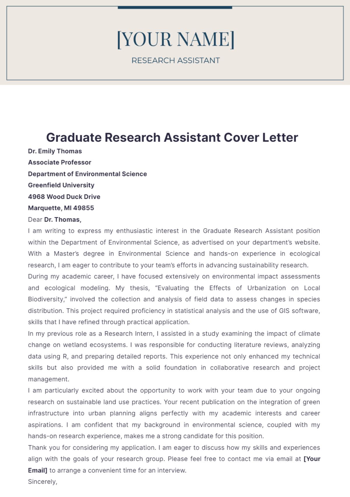 Graduate Research Assistant Cover Letter