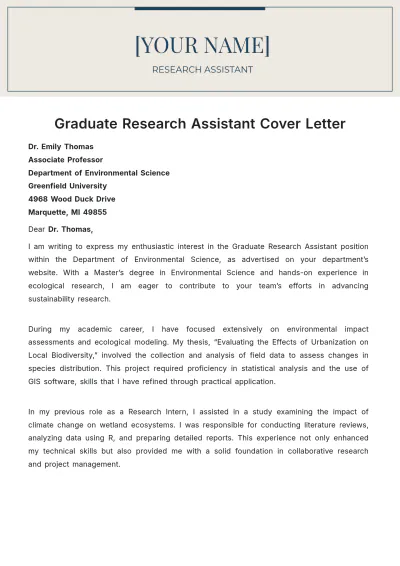 Free Graduate Research Assistant Cover Letter to Edit Online