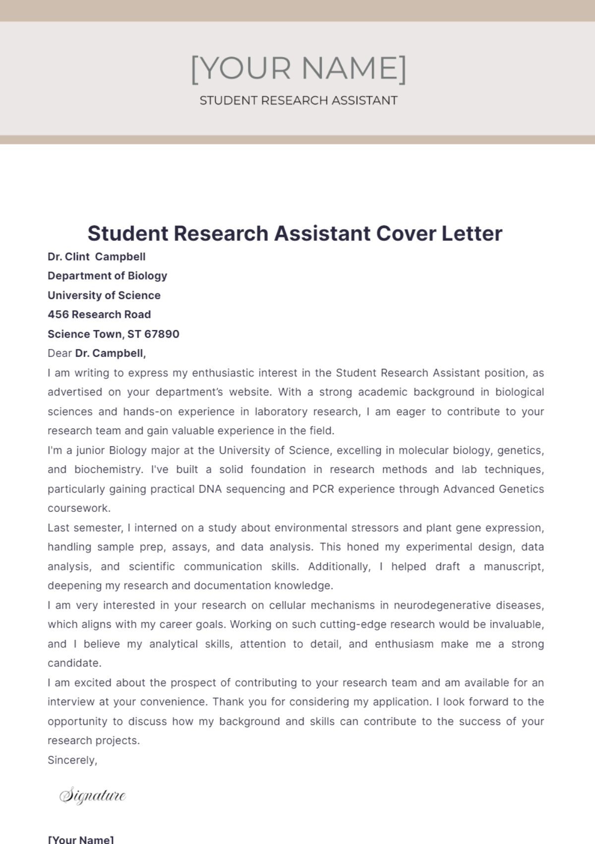 Student Research Assistant Cover Letter