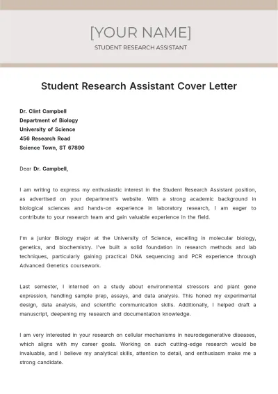 Free Student Research Assistant Cover Letter to Edit Online