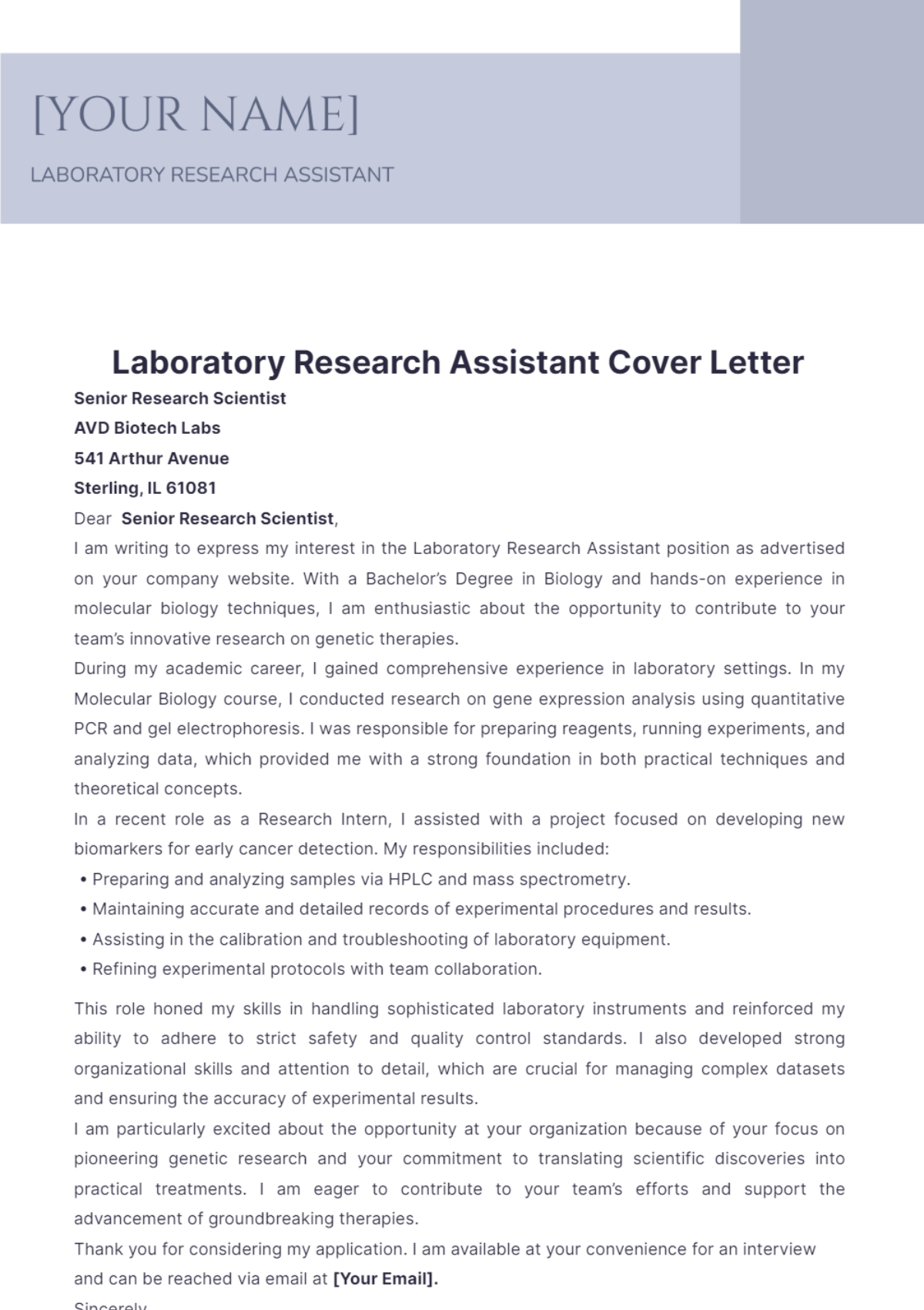 Laboratory Research Assistant Cover Letter