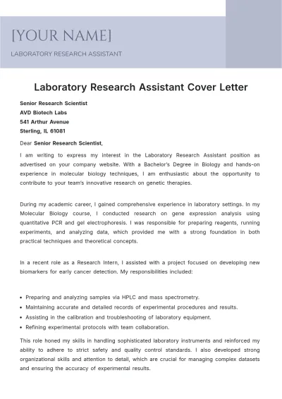 Free Laboratory Research Assistant Cover Letter to Edit Online