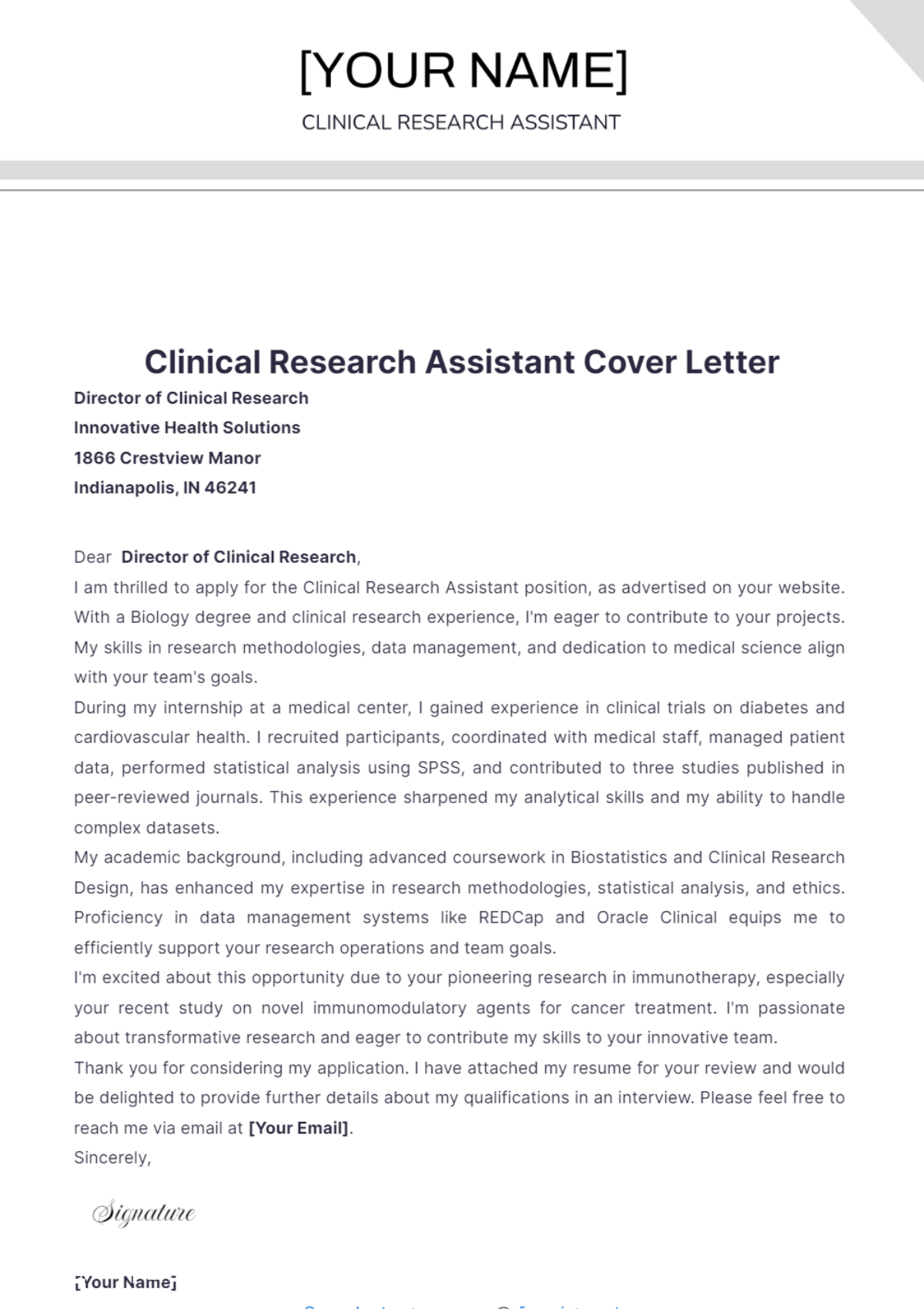 Clinical Research Assistant Cover Letter