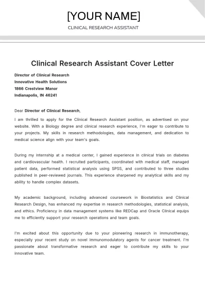 Free Clinical Research Assistant Cover Letter to Edit Online