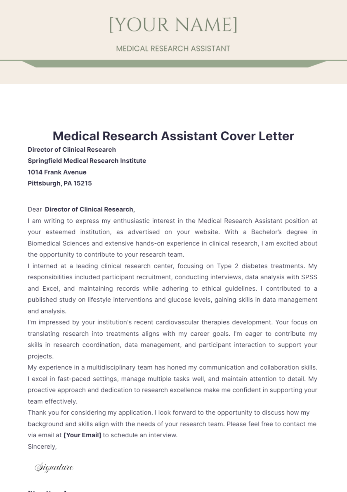 Medical Research Assistant Cover Letter