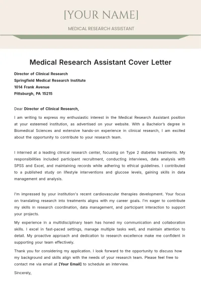 Free Medical Research Assistant Cover Letter to Edit Online