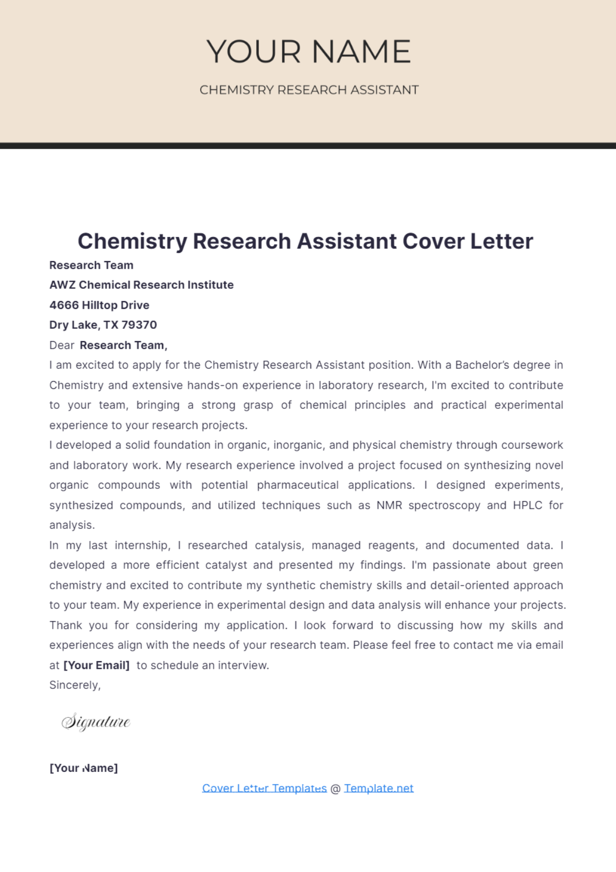 Chemistry Research Assistant Cover Letter - Edit Online & Download