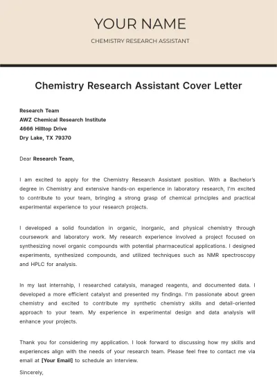 Free Chemistry Research Assistant Cover Letter to Edit Online