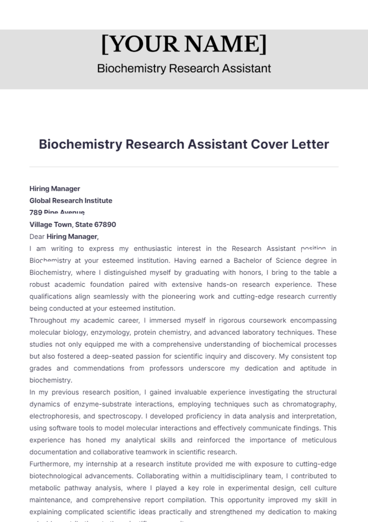 Biochemistry Research Assistant Cover Letter