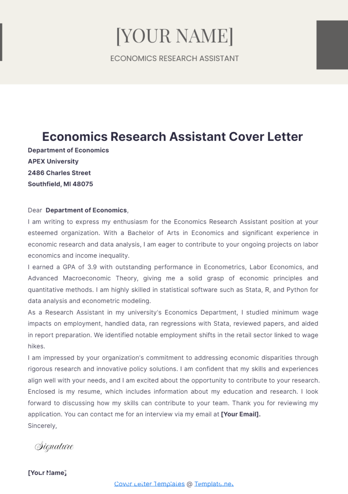 Economics Research Assistant Cover Letter - Edit Online & Download