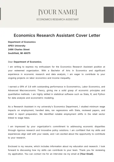 Free Economics Research Assistant Cover Letter to Edit Online