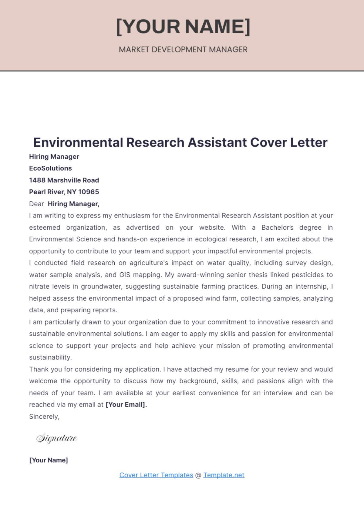 Environmental Research Assistant Cover Letter - Edit Online & Download