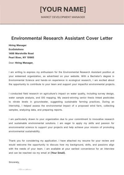 Free Environmental Research Assistant Cover Letter to Edit Online