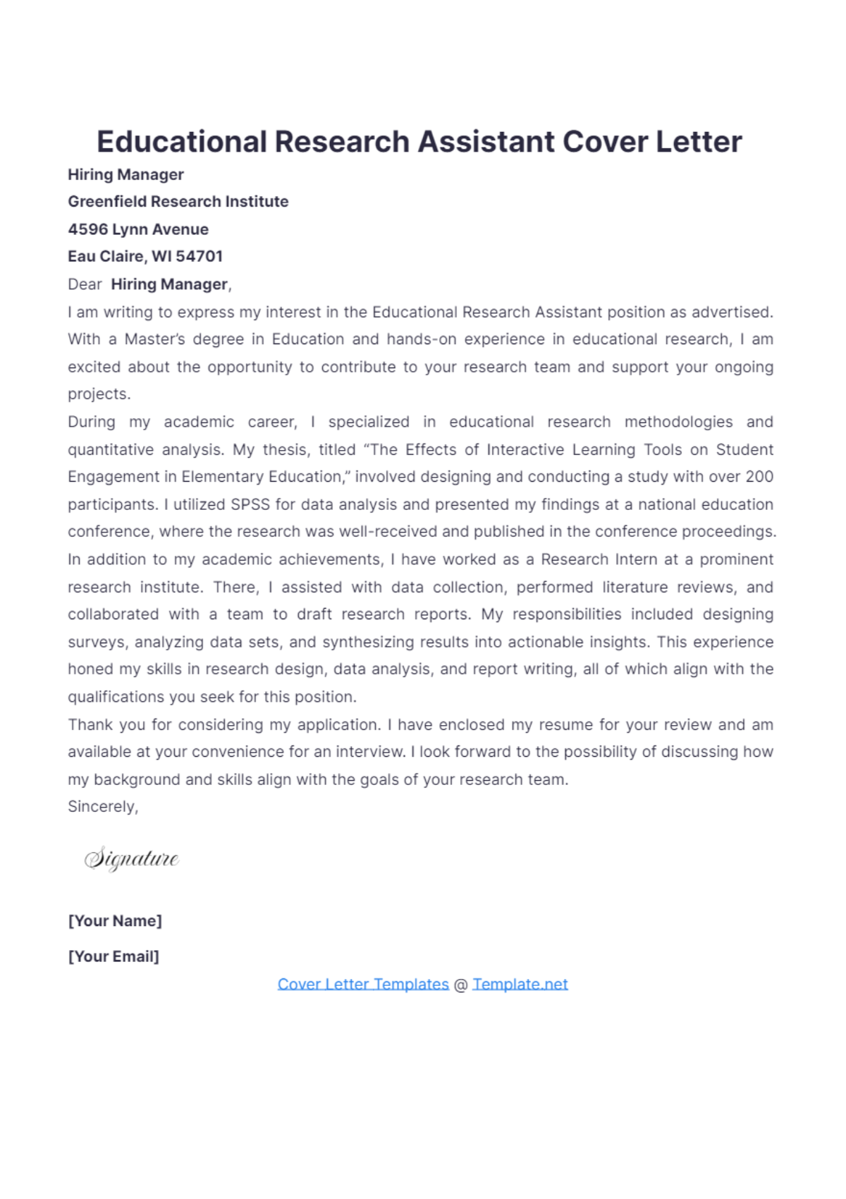 Educational Research Assistant Cover Letter - Edit Online & Download