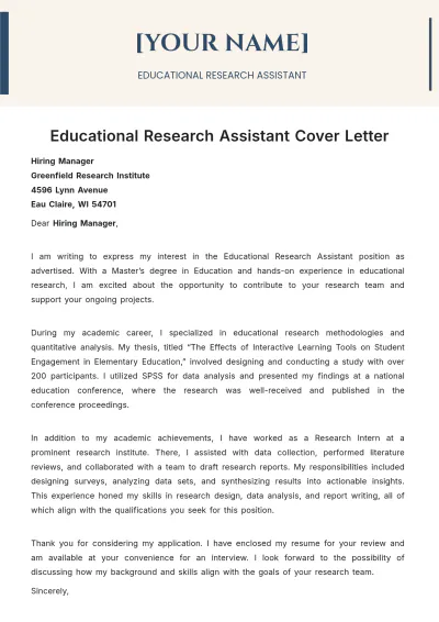 Free Educational Research Assistant Cover Letter to Edit Online