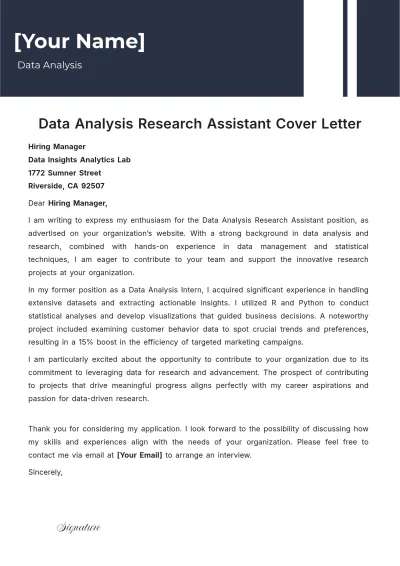 Free Data Analysis Research Assistant Cover Letter to Edit Online
