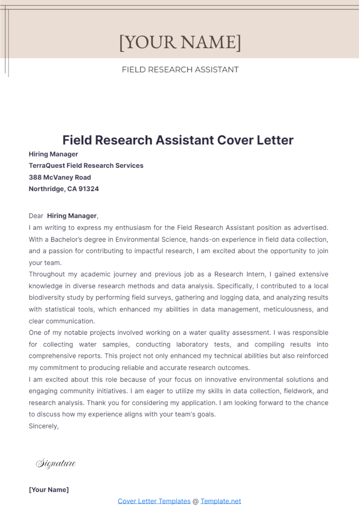 Field Research Assistant Cover Letter - Edit Online & Download