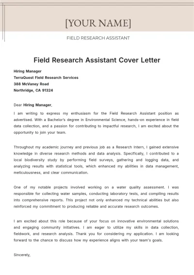 Free Field Research Assistant Cover Letter to Edit Online