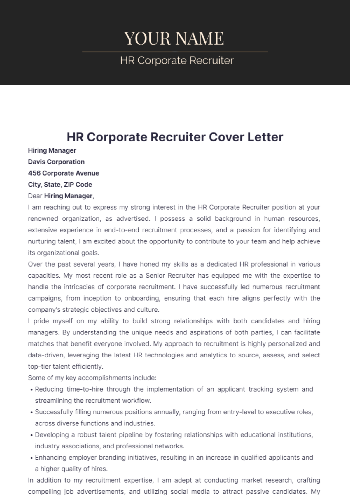 HR Corporate Recruiter Cover Letter - Edit Online & Download