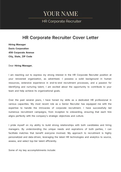 Free HR Corporate Recruiter Cover Letter to Edit Online