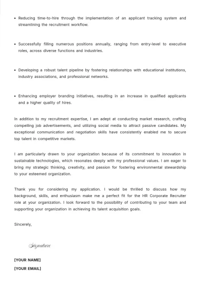 Free HR Corporate Recruiter Cover Letter to Edit Online