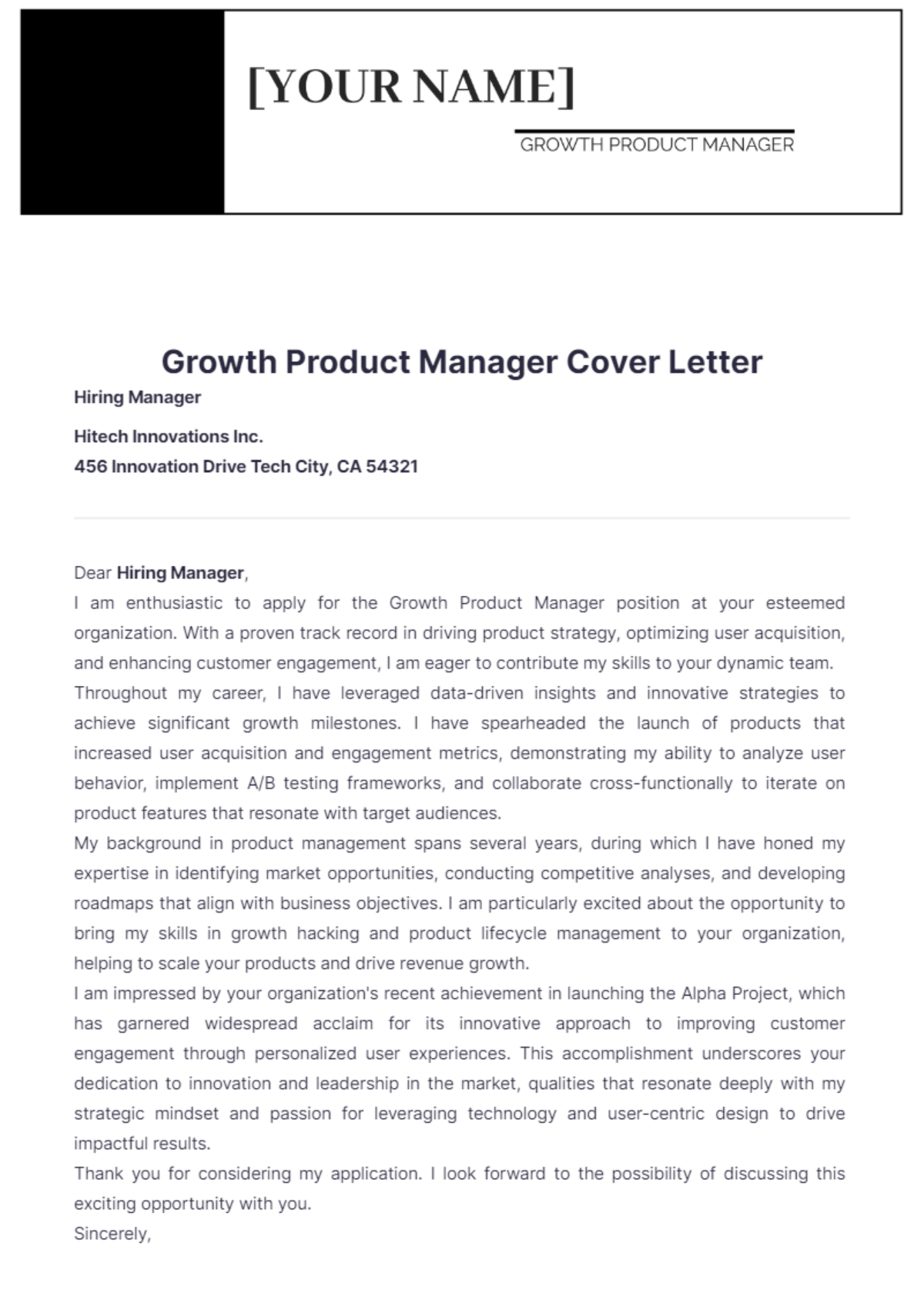 Growth Product Manager Cover Letter - Edit Online & Download