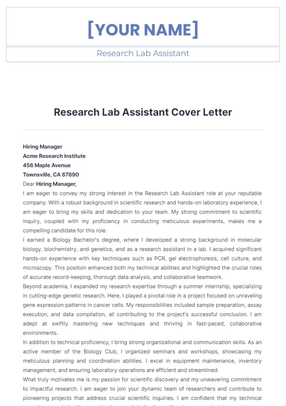 Research Lab Assistant Cover Letter