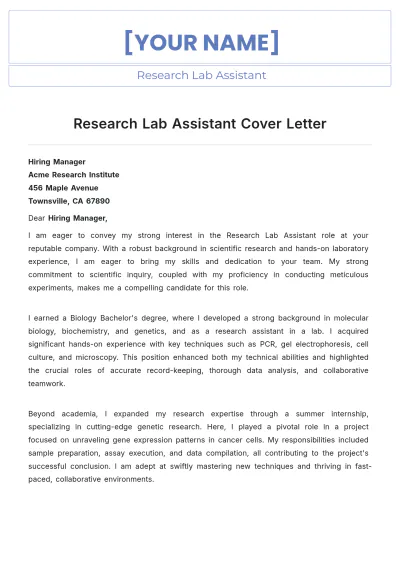 Free Research Lab Assistant Cover Letter to Edit Online